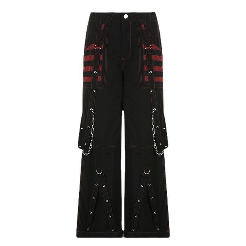 Women's Early Spring New Loose Colour Collision Striped Mesh Splicing Dark Chain Strap Woven Trousers