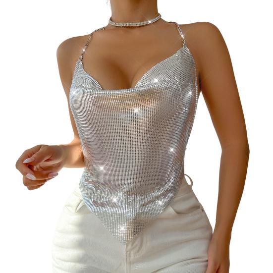 Women Sequin Sling Tops Halter Sleeveless Backless Short Vest with Metal Chain