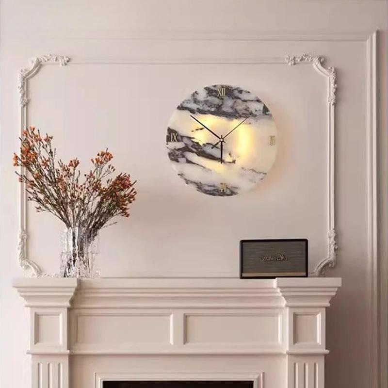Круглые Роскошные Часы функция Натуральный Камень Алебастр Настенный Светильник Гостиная Мраморный Бра Декор Атмосфера Светодиодный Высококлассный Светодиодный Свет