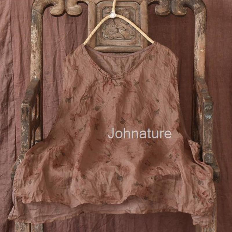 Johnature Женские винтажные топы без рукавов с круглым вырезом и цветочным принтом, весенние женские топы на бретелях в китайском стиле Ramie