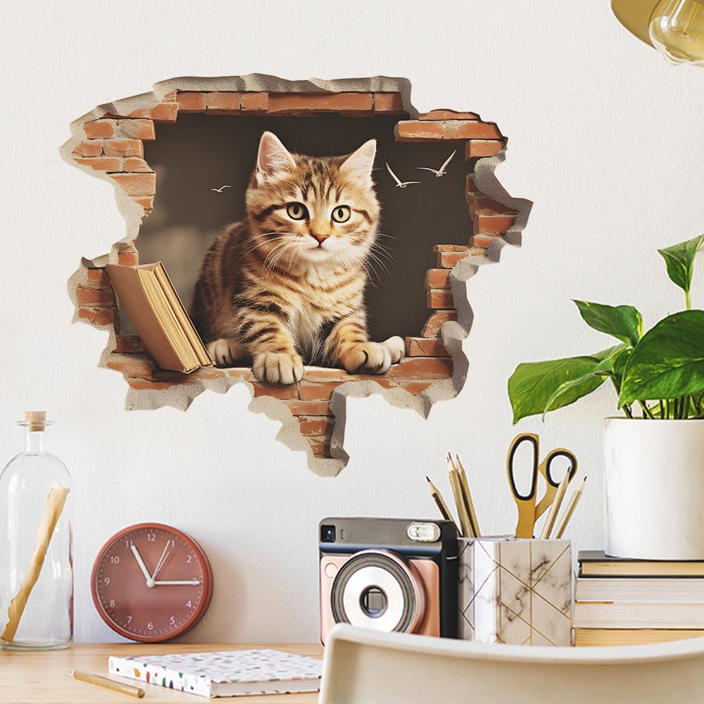 Cartoon Fun Broken Wall Cat Bedroom Living Room Porch Background Beautifying Wall Stickers Self-adhesive