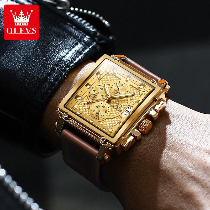 Студенческие модные кварцевые часы, водонепроницаемые, светящиеся, с тремя глазами, с прямоугольным циферблатом, с календарем, мужские деловые часы