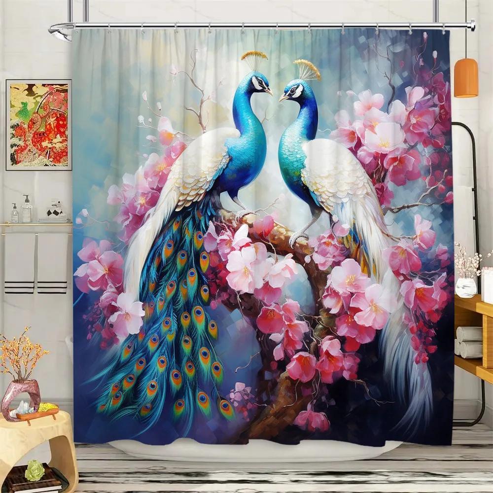 Peacock Shower Curtain Tropical Plant Flower Leaf Landscape Vintage Oil Painting Elegant Polyester Fabric Bathroom Decor Curtain