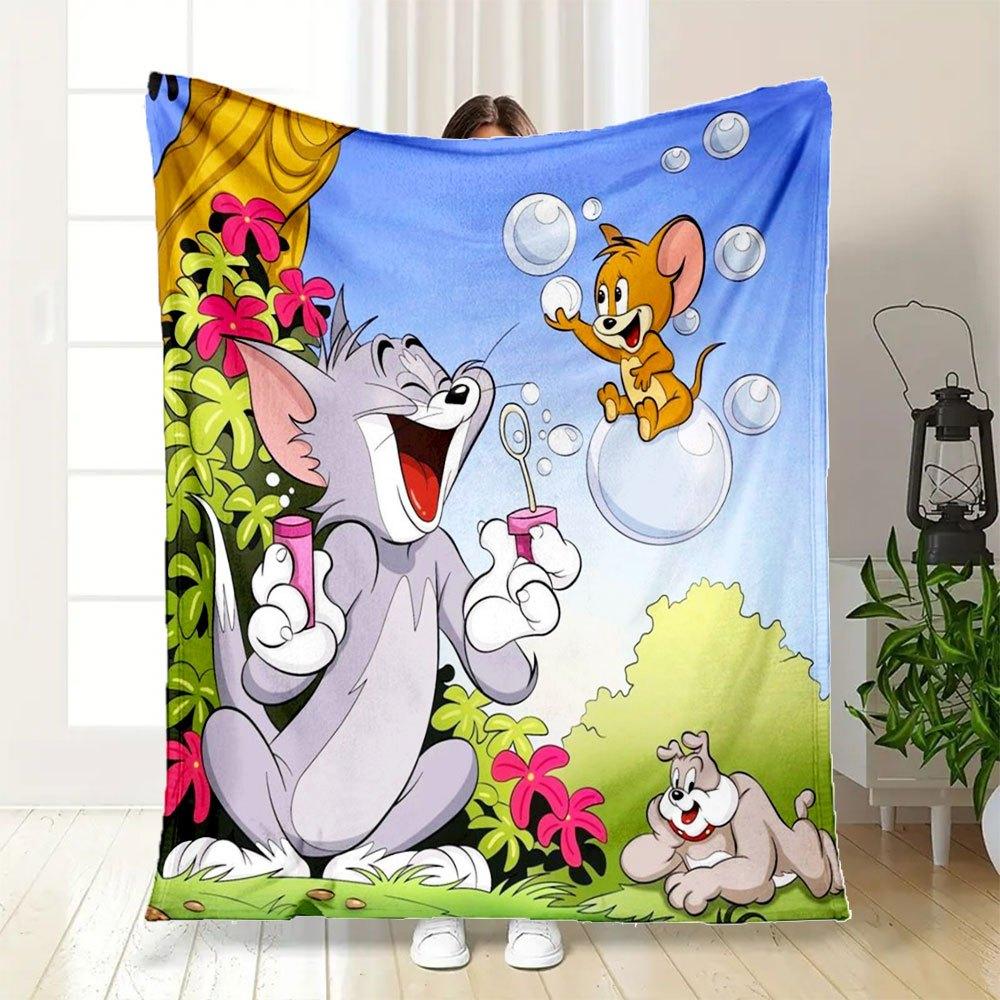 Tom Jerry Soap Bubble Cartoon Print Fabric by The YardBlanket Flannel Throw Blanket for Sofa, Bed, Travel, Camping, Office