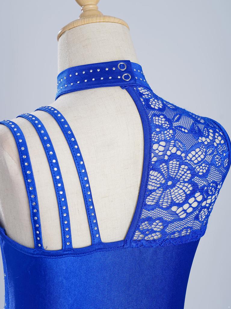 Платье-купальник без рукавов с воротником-стойкой – Асимметричное плечо, Цветочное кружево со стразами, Неровный подол для лирического танца