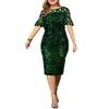 Women O Neck 3/4 Sleeve Sheer Patchwork Shiny Sequins Bodycon Knee-length Dress