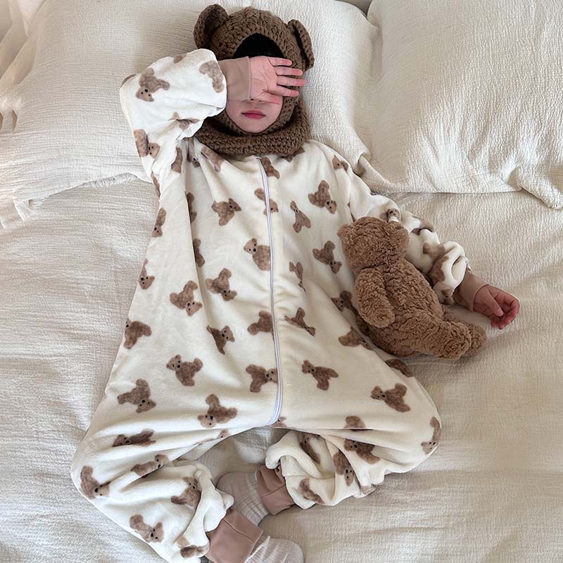 Детский комбинезон, цельная пижама, теплая домашняя одежда, на молнии, с принтом, с длинными рукавами, детский комбинезон