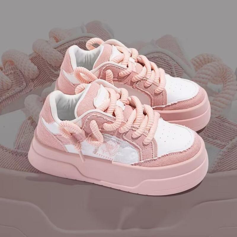 Women Pink Platform Skateboard Shoes Fashion Lace-up Comfortable Vulcanized Shoes Women Casual Sneakers Pu Leather Jogging Shoes