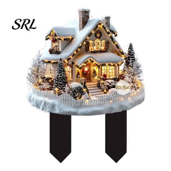 Double Sided Holiday Yard Stakes Santa Claus Garden Stake, Christmas Acrylic Snowman Sign, 2D Winter Festive Art Flat Snowy Cottage Ornament for Lawn