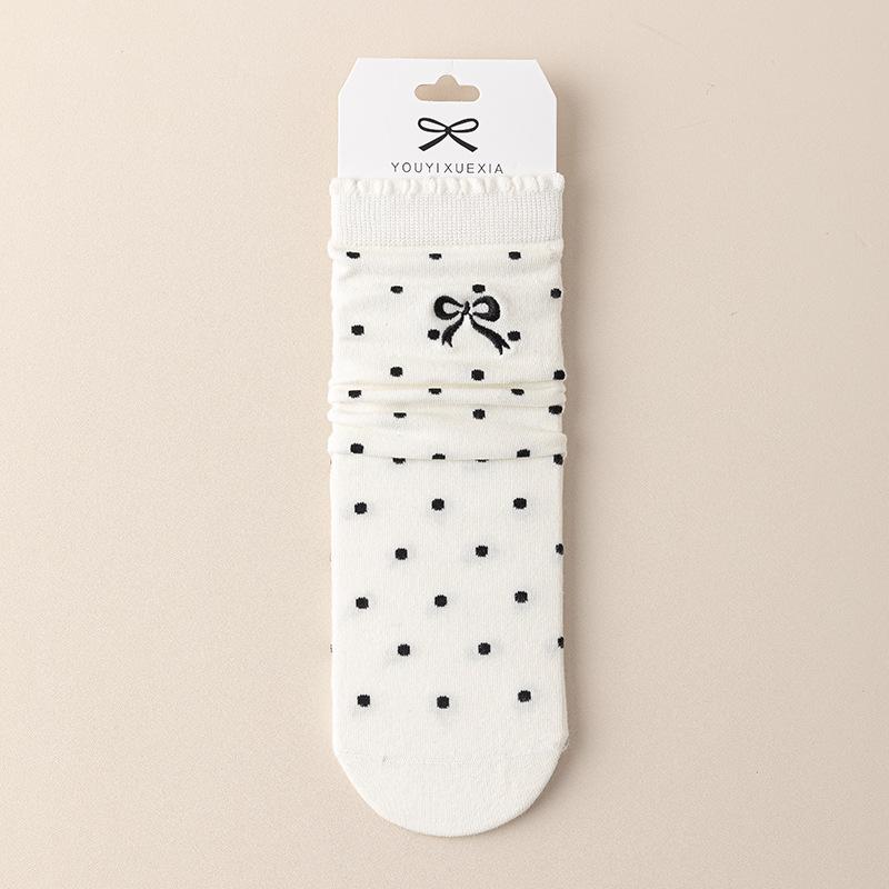 Female Spring and Autumn Bow Wood Ear Lace Polka Dot Boneless Drum Pile Cotton Socks