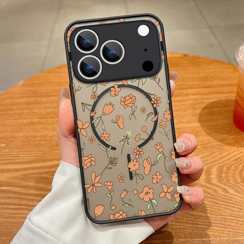 Translucent Matte Magnetic Case For iPhone 17 16 15 Pro 14 13 Pro Max 16e 17e For Magsafe Floral Pattern Hard PC Phone Cover
