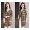 Женское вязаное пальто с капюшоном, длинным рукавом, полосатым принтом, свитер, пальто с карманами, свободный