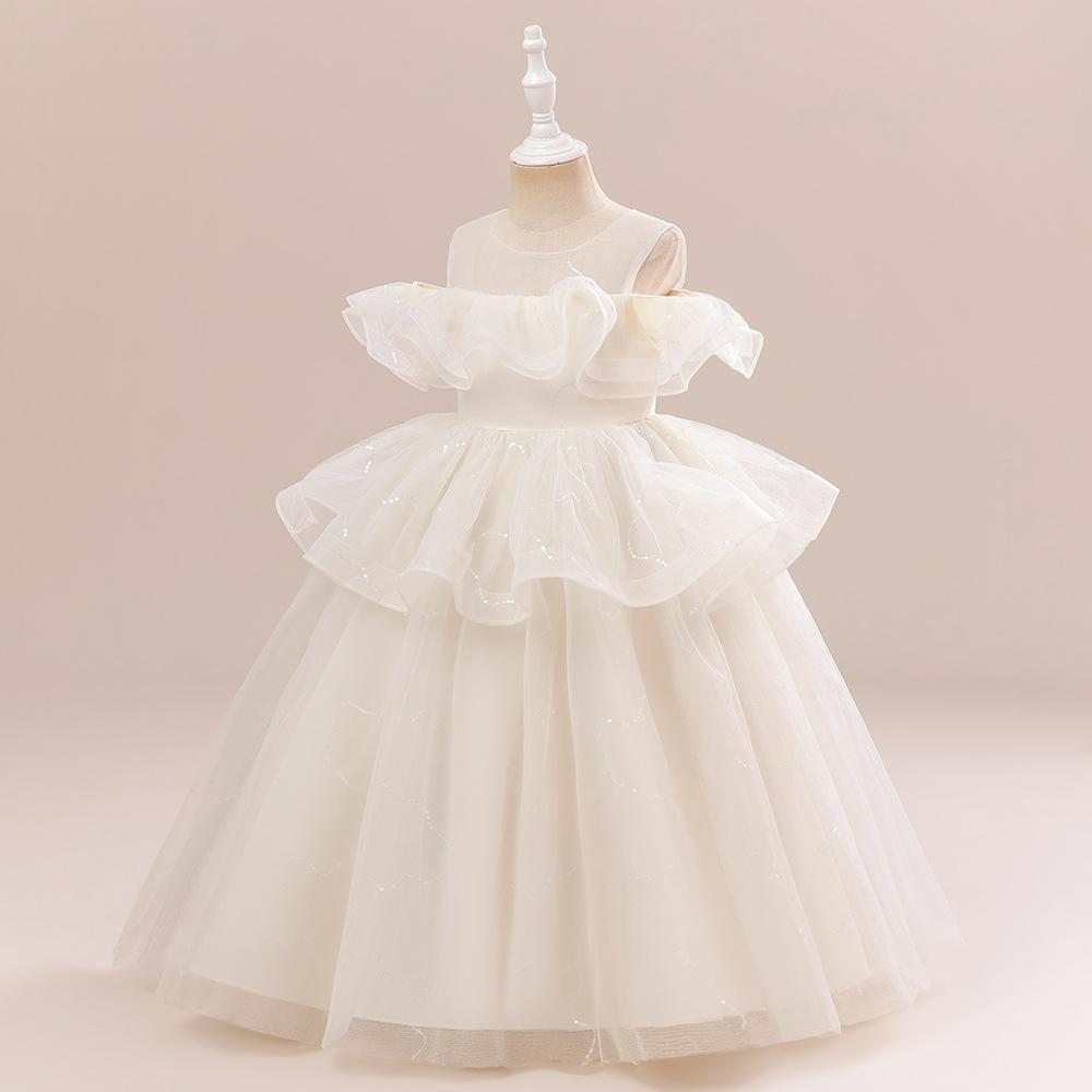 2023 Тюлевое платье принцессы с открытыми плечами для девочек с рюшами для свадебной вечеринки, пышное танцевальное вечернее бальное платье для детей 2–13 лет