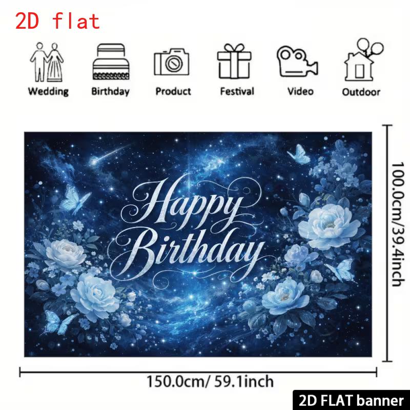 2D Dark Blue Galaxy Happy Birthday Backdrop with Flowers and Butterflies Party Banner