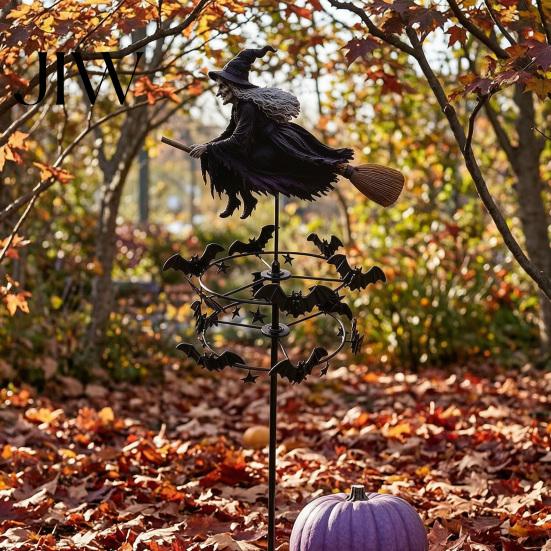 Decorative Wind Spinner Garden Witch Spinner, Halloween Yard Art Metal Outdoor Whimsical Silhouette Stake, Flying for Lawn Patio Pathway Fall