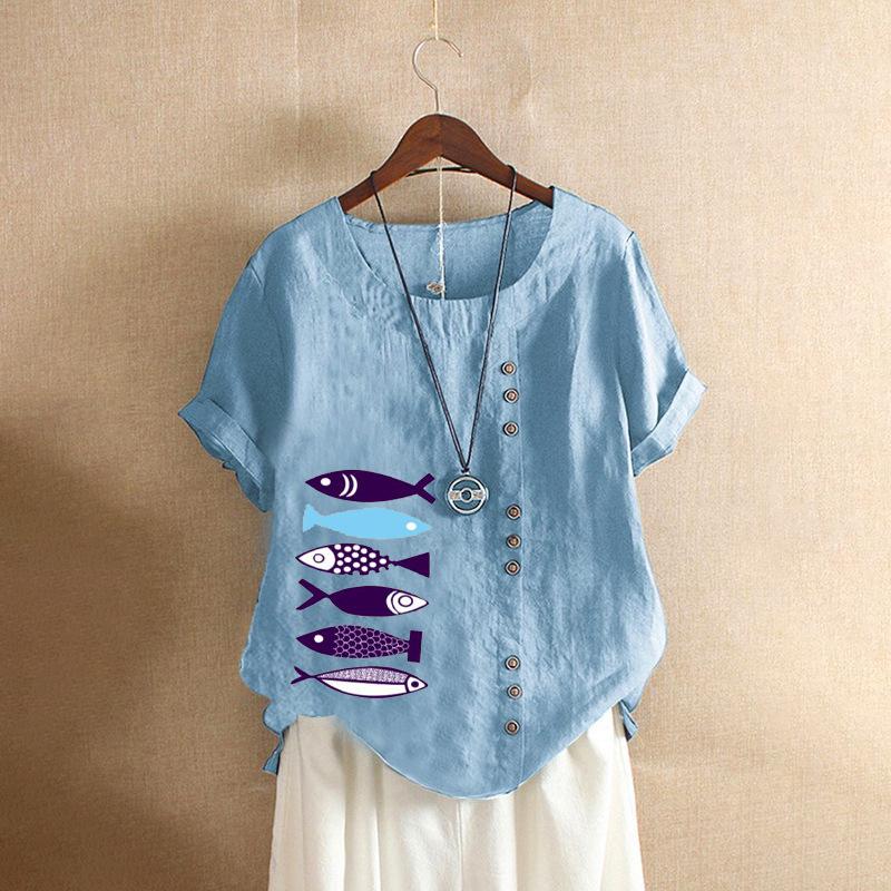 2025 Хлопковая женская одежда с ретро-узором в виде рыбки, повседневная свободная футболка из хлопка и льна с короткими рукавами, женская одежда, большой размер