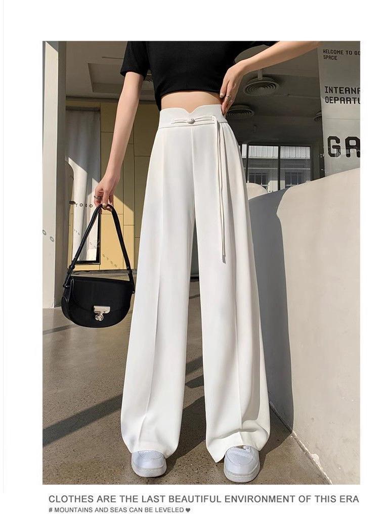 Новый китайский стиль 2025 Весна/Лето Женские брюки с высокой талией больших размеров с широкими штанинами и застежками-лягушками