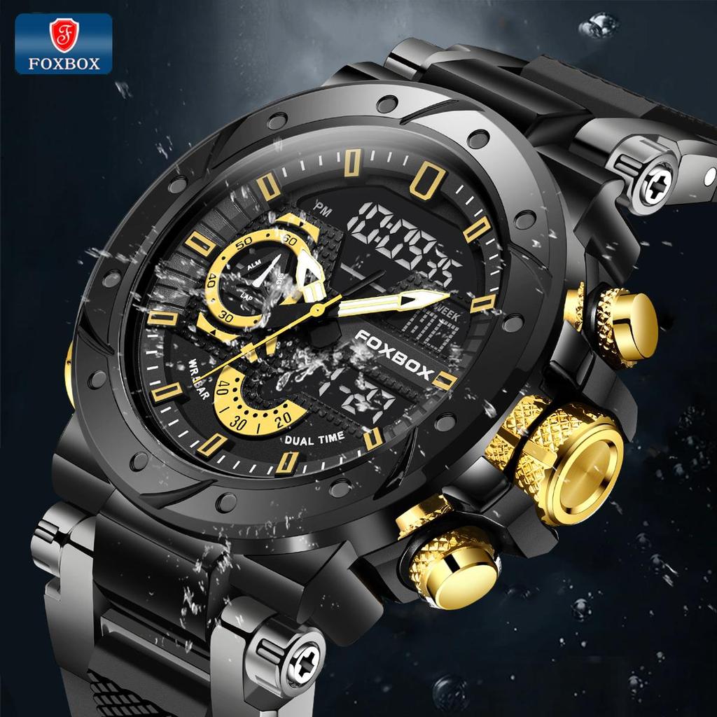 LIGE Sub-brand FOXBOX Fashion Digital Watch Men Dial Dual Display Outdoors Waterproof Sport Luminous Silicone Wristwatch