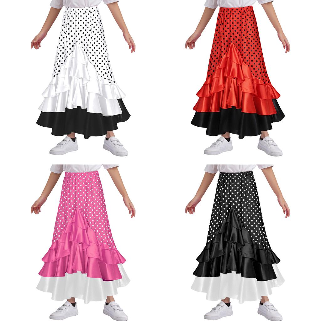 Юбка для танца фламенко для девочек, принт в горошек, многослойные оборки, эластичная талия, длинная юбка, испанский костюм для выступления