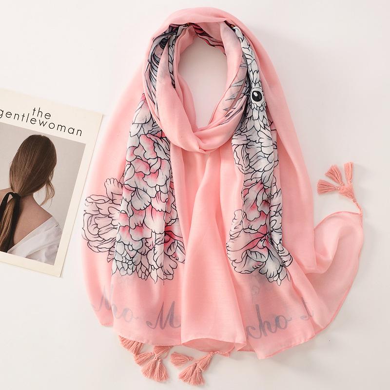 Beige Coffee Scarf Luxury Thin Womens Scarves Spring Floral Hijab Veils Soft Cotton Shawl Wrap Tassel Viscose Muslim Woman Hijab