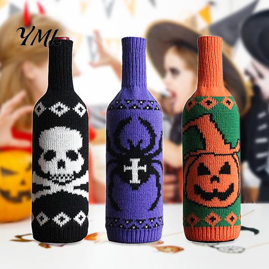 Festive Bar Accessories Halloween Wine Bottle Sweater, Reusable Knitted Champagne Cover, Pumpkin Skull Skeleton Pattern Decor Spider Sleeve Decoration