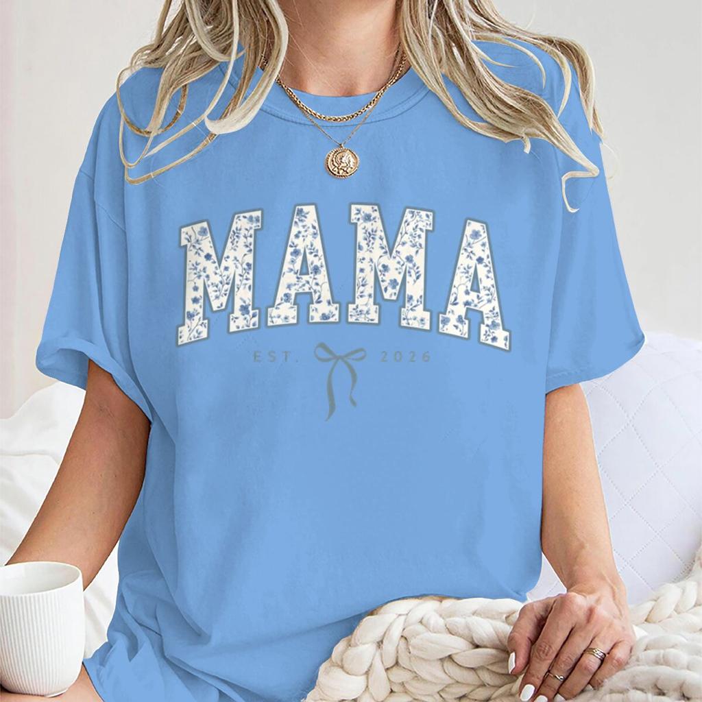 Vintage Floral MAMA EST 2026 TShirt Women Coquette Bow Print Casual Short Sleeve Tee New Fashion Mom Gift