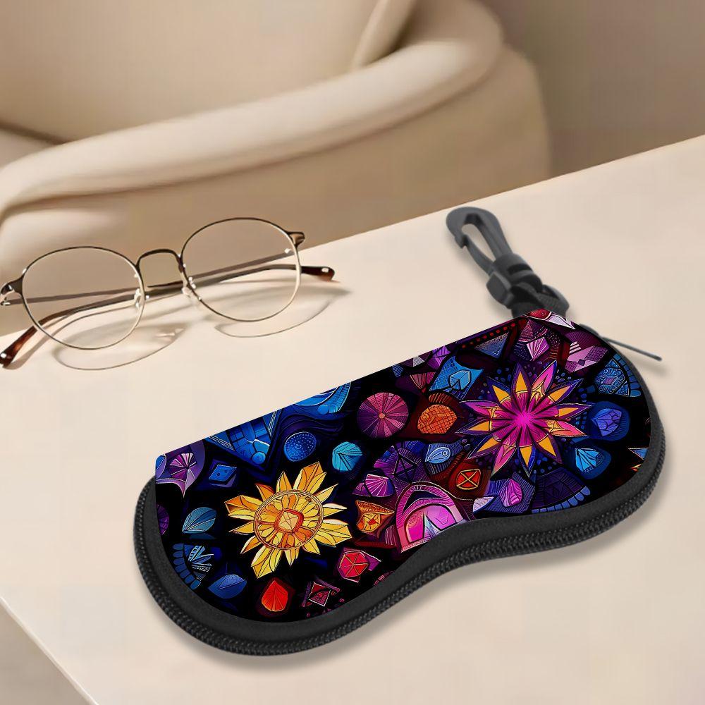 2D-Bohemian Geometric Mandala Pattern Sunglasses Case, Colorful Stained Glass Art Eyeglasses Holder, Protective Zipper Travel Pouch Gift