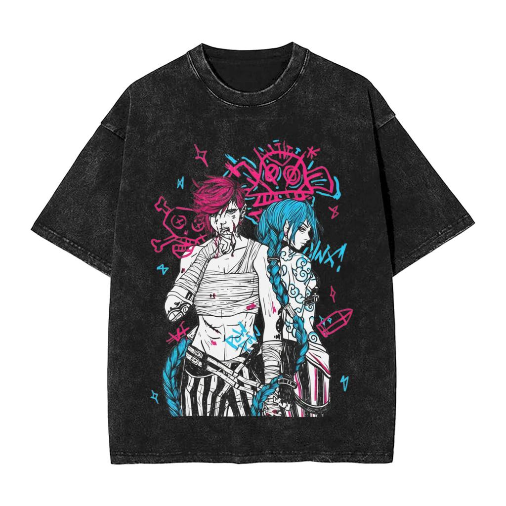 Jayce Caitlyn Viktor Jesus Vi Sevika Arcane Washed Tshirt Man  Cotton Tshirts Summer Oneck Hip Hop Tee Shirt Big Size Tops