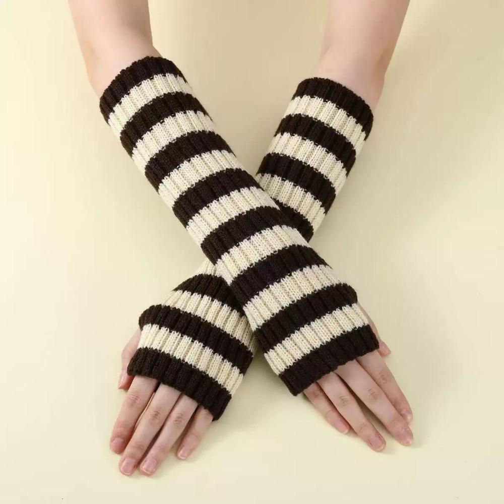 Lolita Long Fingerless Gloves Y2K Fingerless Arm Warmers Arm Cover Striped Knitted Arm Sleeves JK
