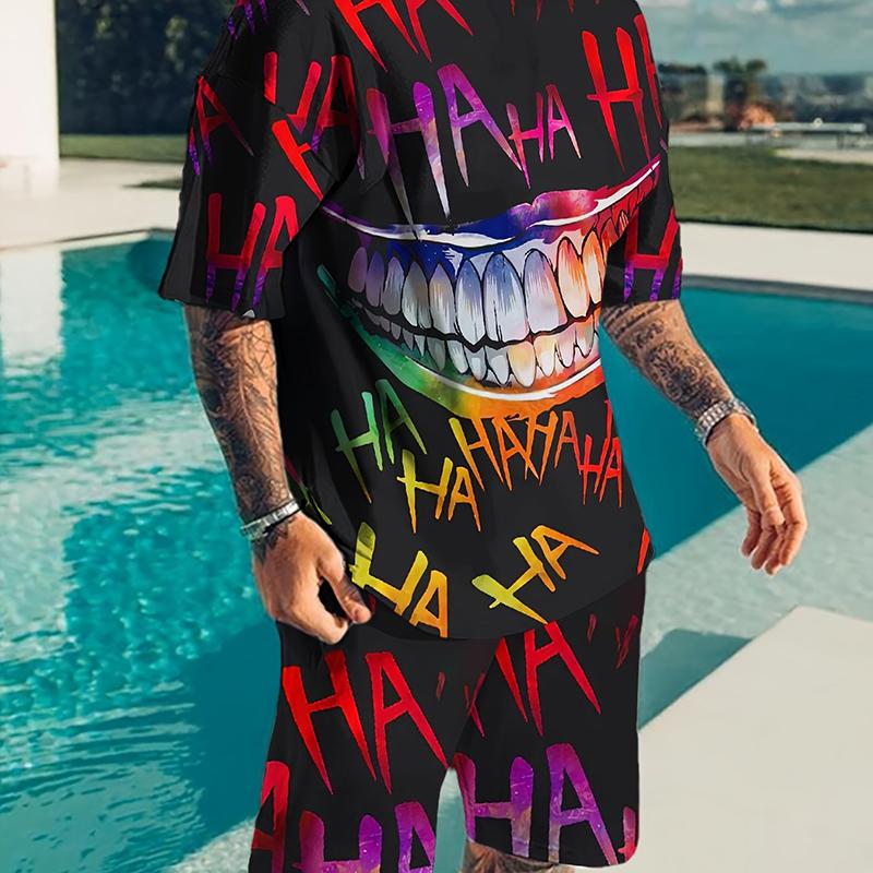 Мужская повседневная спортивная одежда с 3D-принтом в виде лица зла, летняя повседневная дышащая футболка, шорты, свободный мужской топ в стиле Y2K