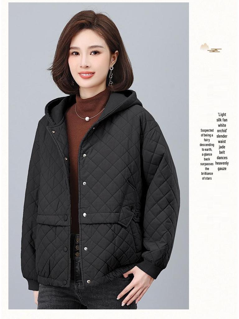 Women's Argyle Hooded Cotton Jacket 2024 - Thickened Short Coat for Autumn/Winter, Petite & Middle-Aged Styles