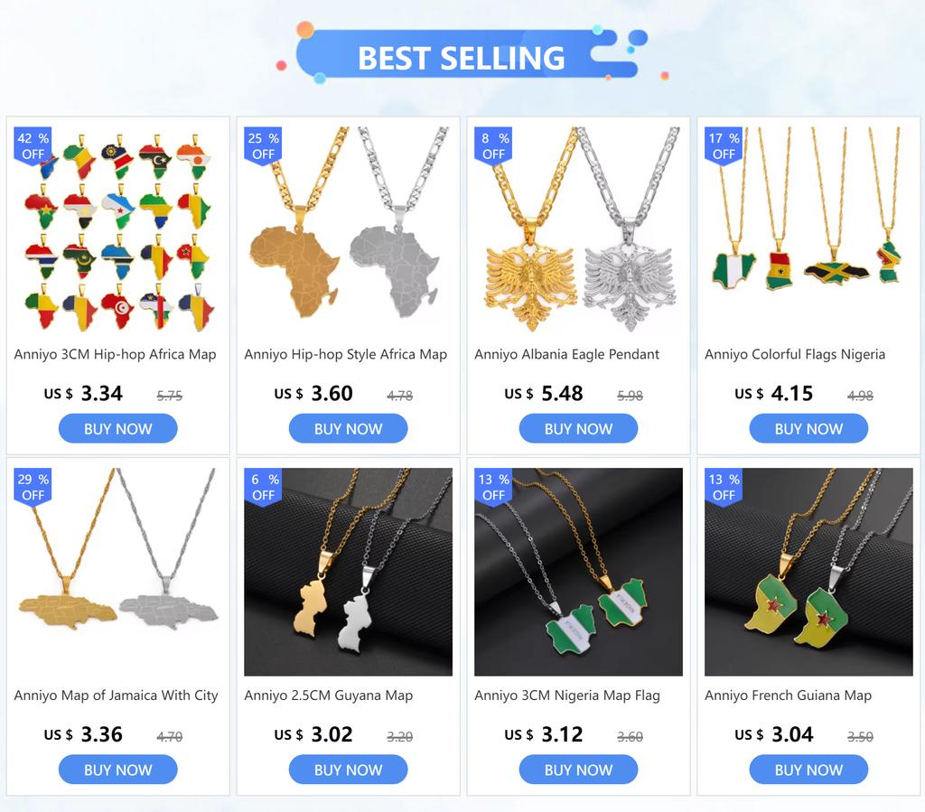 Anniyo Tonga Map & Flag Pendant Necklaces Stainless Steel and Gold Color Tongan Ethnic Jewelry #155021