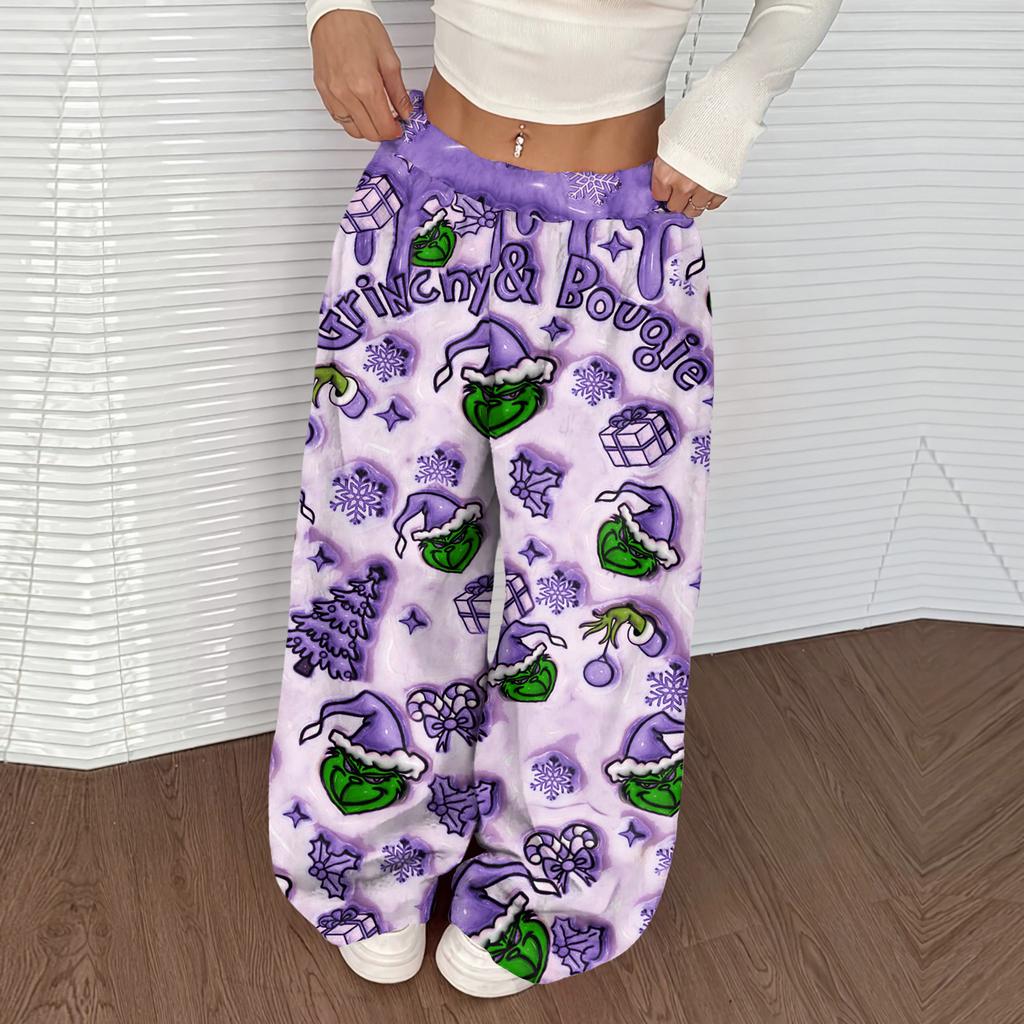 Женские повседневные брюки с рождественским принтом, эластичной талией, свободного кроя, с плюшем, широкие