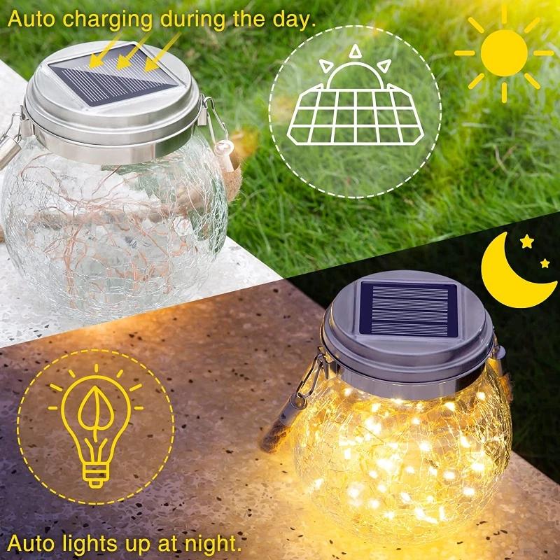 Crackle Glass Globe LED Jar Lights Garden Decor Outdoor Waterproof for Patio Yard Fence Post Deck Hanging Solar Lights