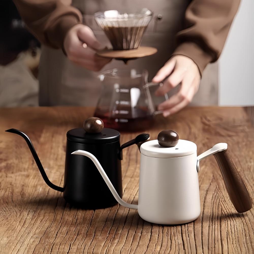 350/600ML Hand Brewed Coffee Pot 304 Stainless Steel Household Narrow Mouth Solid Wood Handle Milk Foam Kitchen Cafe Accessories