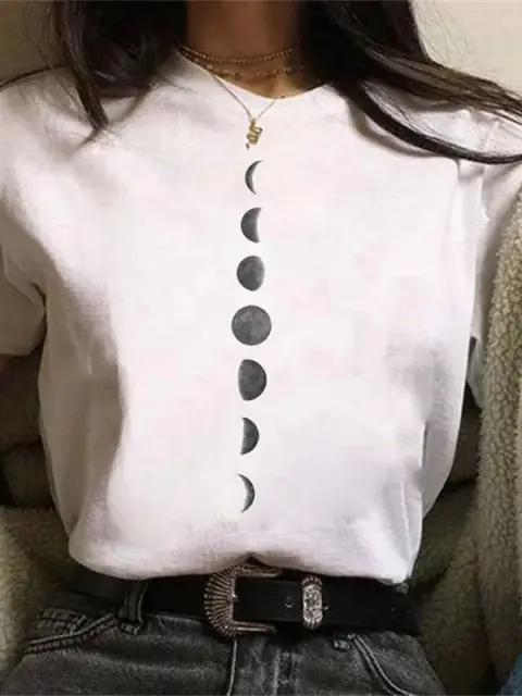 Maycaur Newest Funny Moon Print T Shirt Women White and Black Shirts Fashion Round Neck Short Sleeve T-Shirt Summer Tees Casual Top