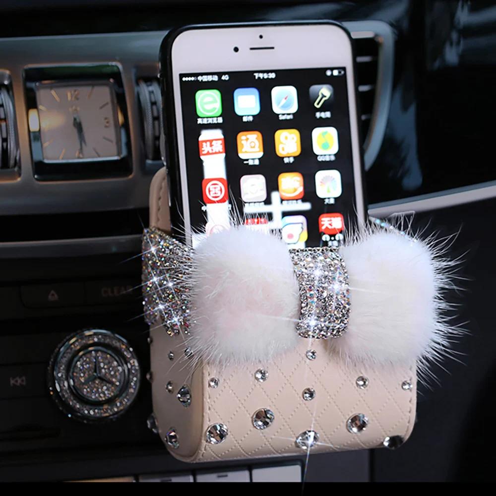 Diamond Crystal Bowknot Portable Car Vent Storage Box Bag Auto Vent Mount Holder Cosmetics Case Universal Mobile Phone Bag