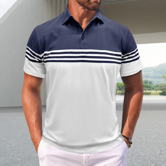 Мужская полосатая футболка с коротким рукавом и лацканами, дышащая хлопковая смесь, повседневный топ для повседневной носки, вечеринок, офиса, гольфа