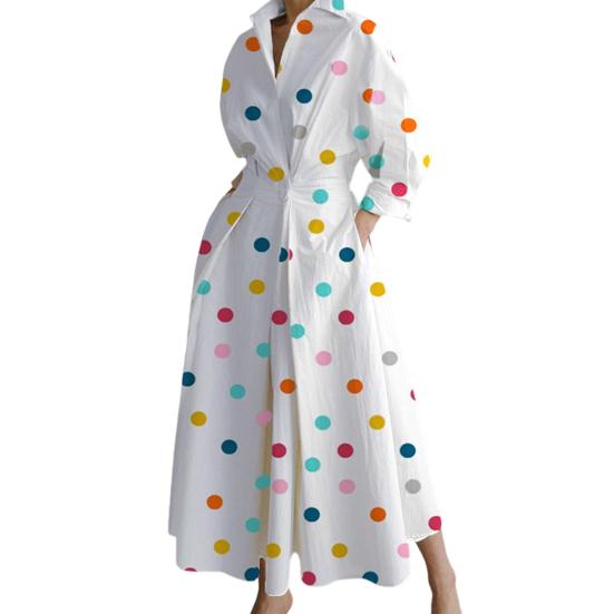 МОДА Женское весенне-осеннее платье с отворотом, V-образным вырезом, подходящим по цвету, обтягивающее, с высокой талией, длиной до середины икры, А-силуэта, со свободным подолом, с принтом, для дам, для поездок на работу и вечеринок, миди-платье