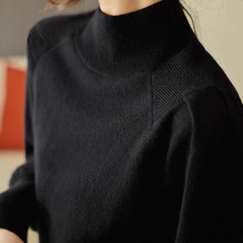Женский свитер с полувысоким воротником, базовый слой, осень-зима, стильный вязаный топ с рукавами-буфами, средней высоты воротник