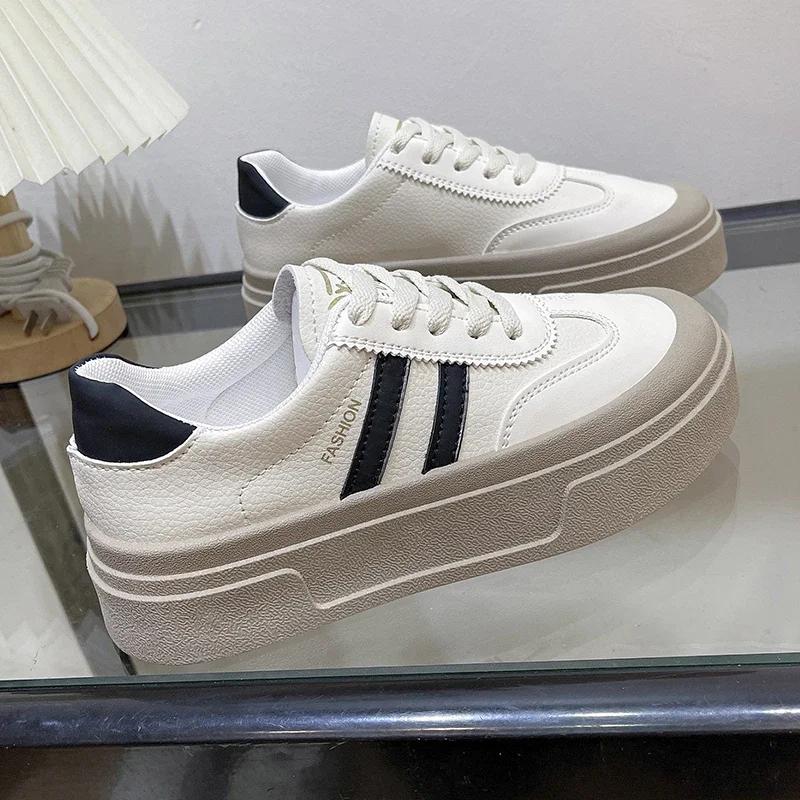 Кроссовки женские на толстой подошве из кожи со шнуровкой на плоской подошве с круглым носком для женщин, однотонные туфли из вулканизированной кожи на плоской платформе