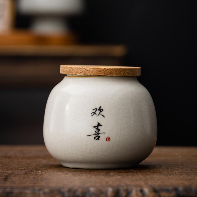 Ru Kiln Calligraphy Tea Canister Ceramic Mini Small Sealed Jar Pu'er Red Green Tea Storage Tea Powder Canister Dried Fruit Moist