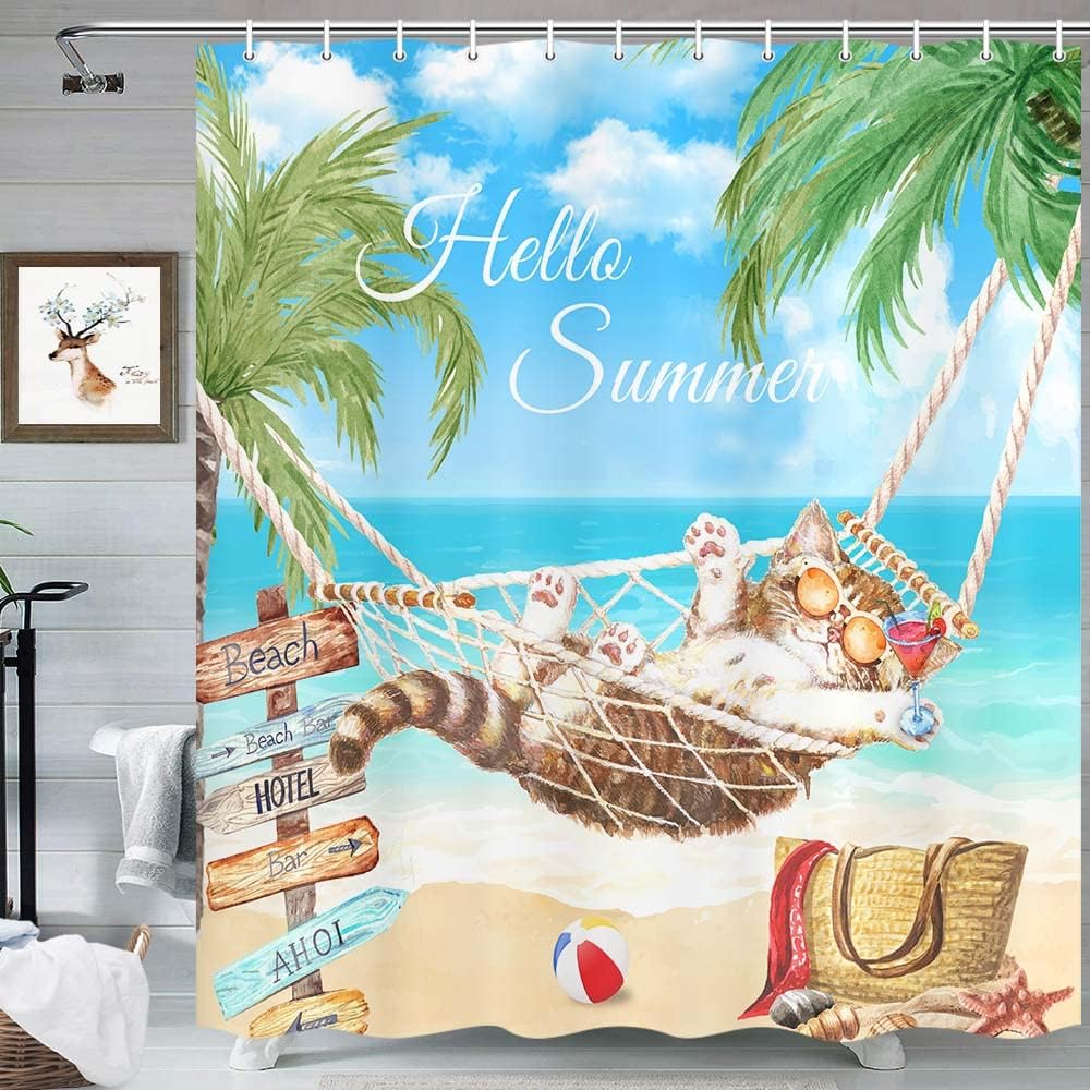 Funny Cat Beach Shower Curtain, Summer Blue Ocean Palm Tree Leaf Nature Bath Curtains, Fun Cute Tropical Decor Waterproof Fabric