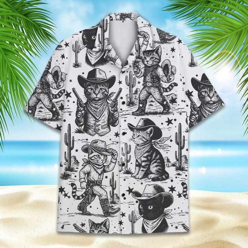 2025 Men's Hawaii Shirt 3D Printing Short Sleeve Western Cowboys Cat Casual for Men Shirts Clothes Harajuku Unisex Floral Blouse