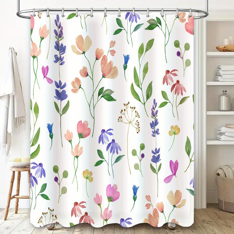 Bath Mat Shower Curtain with Pastel Floral Print for Bathroom Decor Waterproof Fabric Home Accessories Customizable Size Availab
