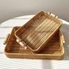 Storage Tray Round Rattan Woven Tray Fruit Breakfast Tea Storage Basket Desktop Sundries Organizer Bread Plates With Wood Handle