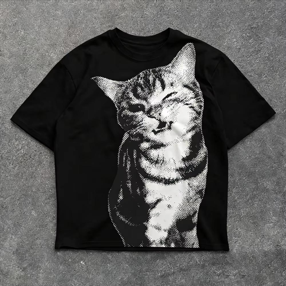 Summer Harajuku Letter Graphic T Shirts Y2k Tops Cat Print Unisex High Street Oversized T Shirt Streetwear Vintage Tee Clothing