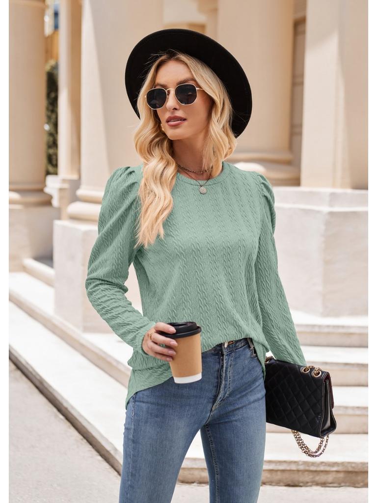 2024 Новая осенняя мода Повседневная круглая горловина однотонная трикотажная жаккардовая женская футболка с рукавами-пузырями и узорами из жареного теста