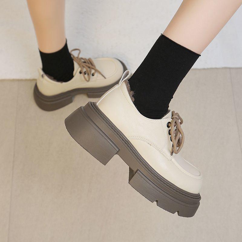 British Style Small Leather Shoes Women's Velvet Warm French Platform Women's Shoes 2025 New Autumn and Winter Loafers Cotton Shoes