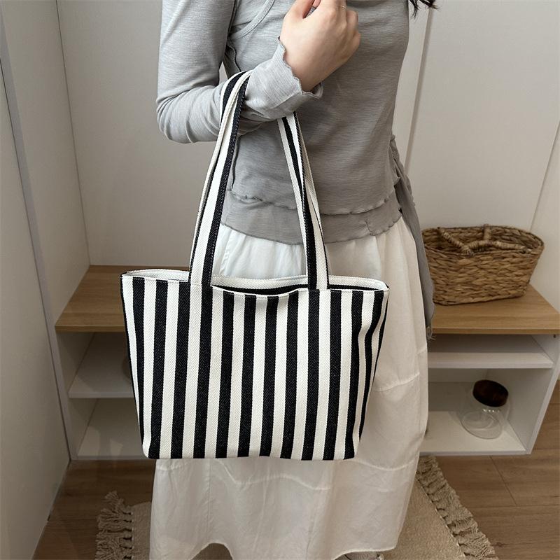 Vintage Simple Striped Canvas Tote Bag Large Capacity Shoulder Bag For Commute School